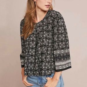 AMADI Anthropologie Mod Printed Blouse Black Medium Boho Bohemian